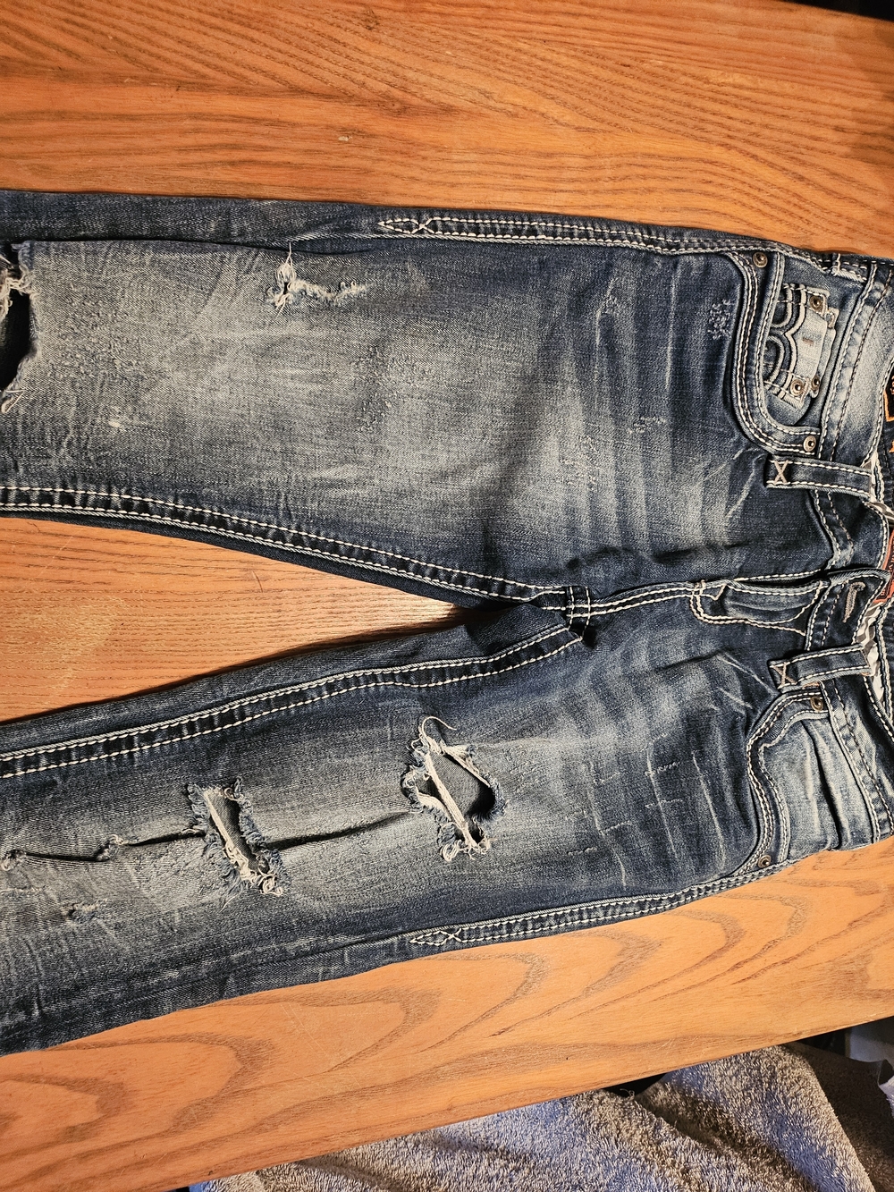 Rock Revival Distressed Embroidered Indigo Jeans with Orange Accents Size 26